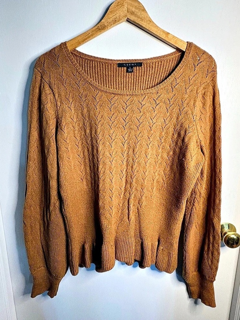 Cyrus Sz L Pointelle Knit Sweater Brown Peplum Hem Balloon Sleeve Feminine Y2K